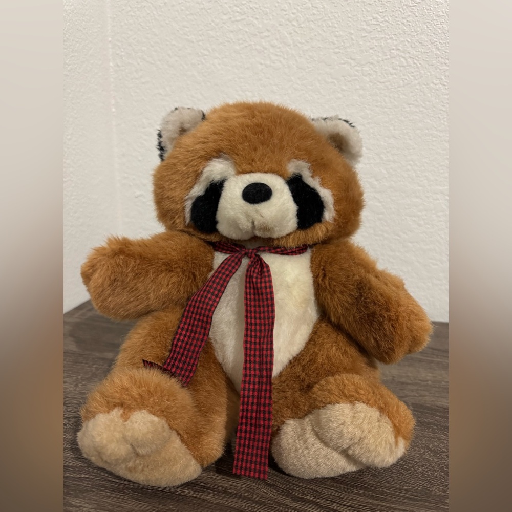 Vintage Adorable Raccoon Plush with Red Bow